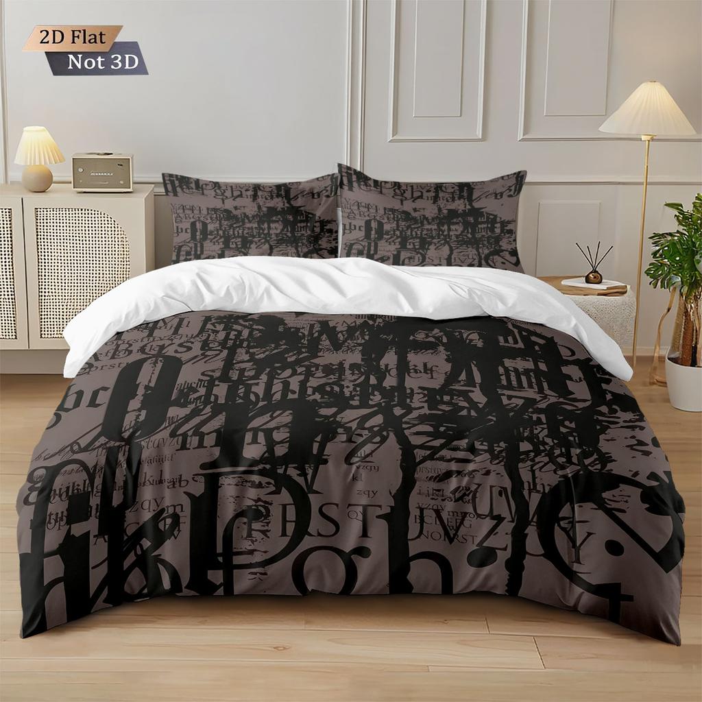 3pcs English Letter Garbled Printed Coreless Down Duvet Cover Set Comfortable Bedroom Bedding Decoration Machine Washable