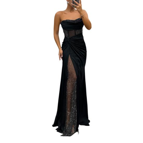 Lady Evening Dress Bandeau Off Shoulder Sleeveless Pleated Knot Mesh Patchwork Shiny Sequin Ball Gown Satin Floor Length Banquet Prom Maxi Dress