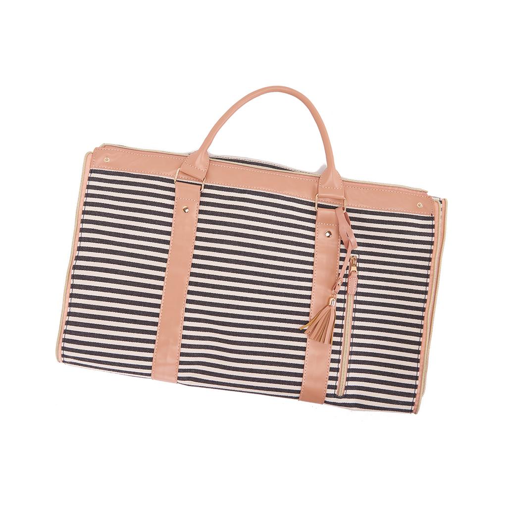Fabric Solid Color Striped Foldable And Expandable Multifunctional Travel Bag