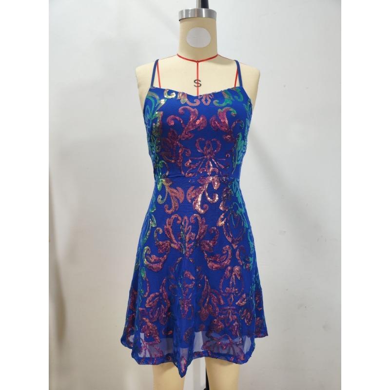 Women Sequined Loose V Neck Sleeveless Strap Cocktail Party Dress