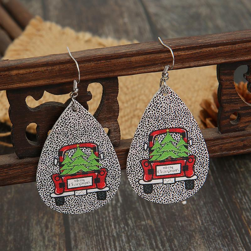 European & American Black Leopard Christmas Tree Earrings with Double-Sided Leather Design for Women