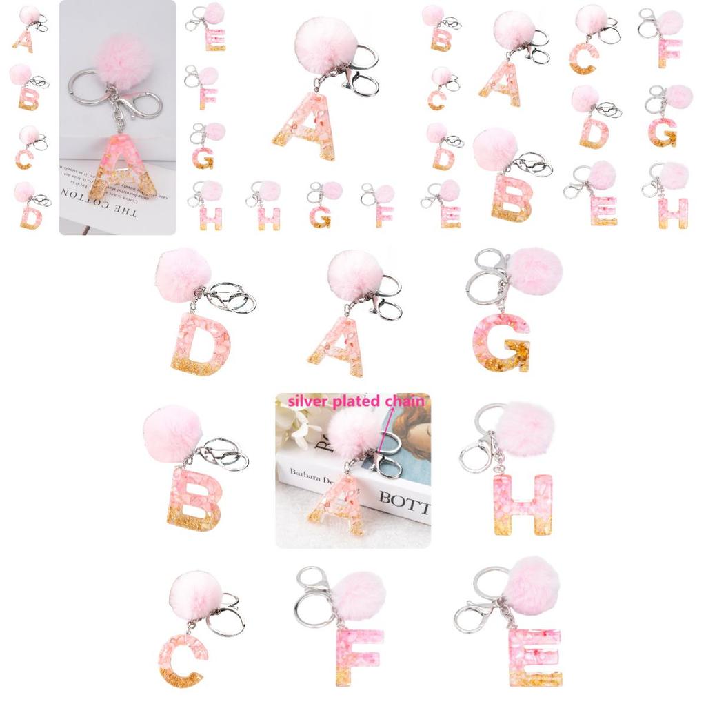 Stylish Keychain With Fluffy Ball And Gold Foil Letters Car Bag Pendant