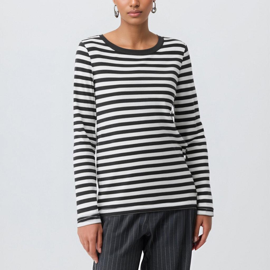 Women's Casual Long Sleeve Round Neck Striped Loose Fit T-Shirt