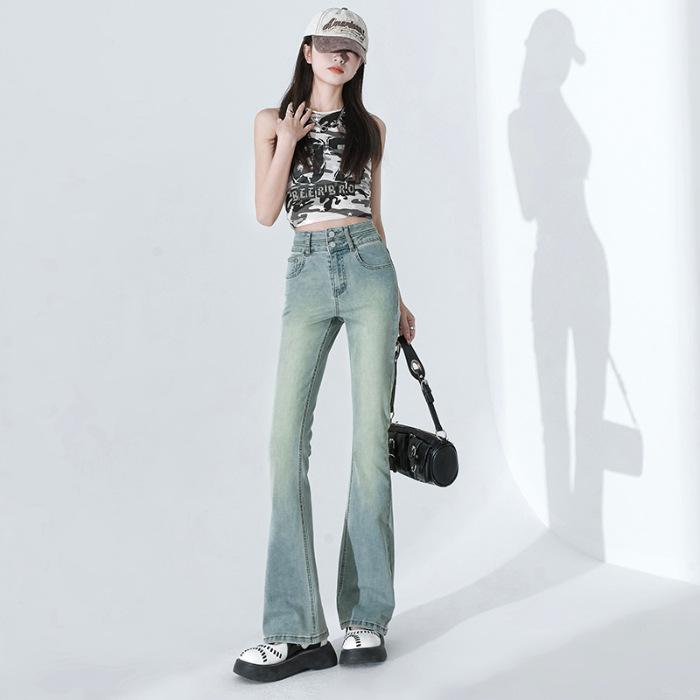 Женские весенние новые зауженные эластичные брюки клеш с высокой посадкой, цвет античный синий, двойная пряжка