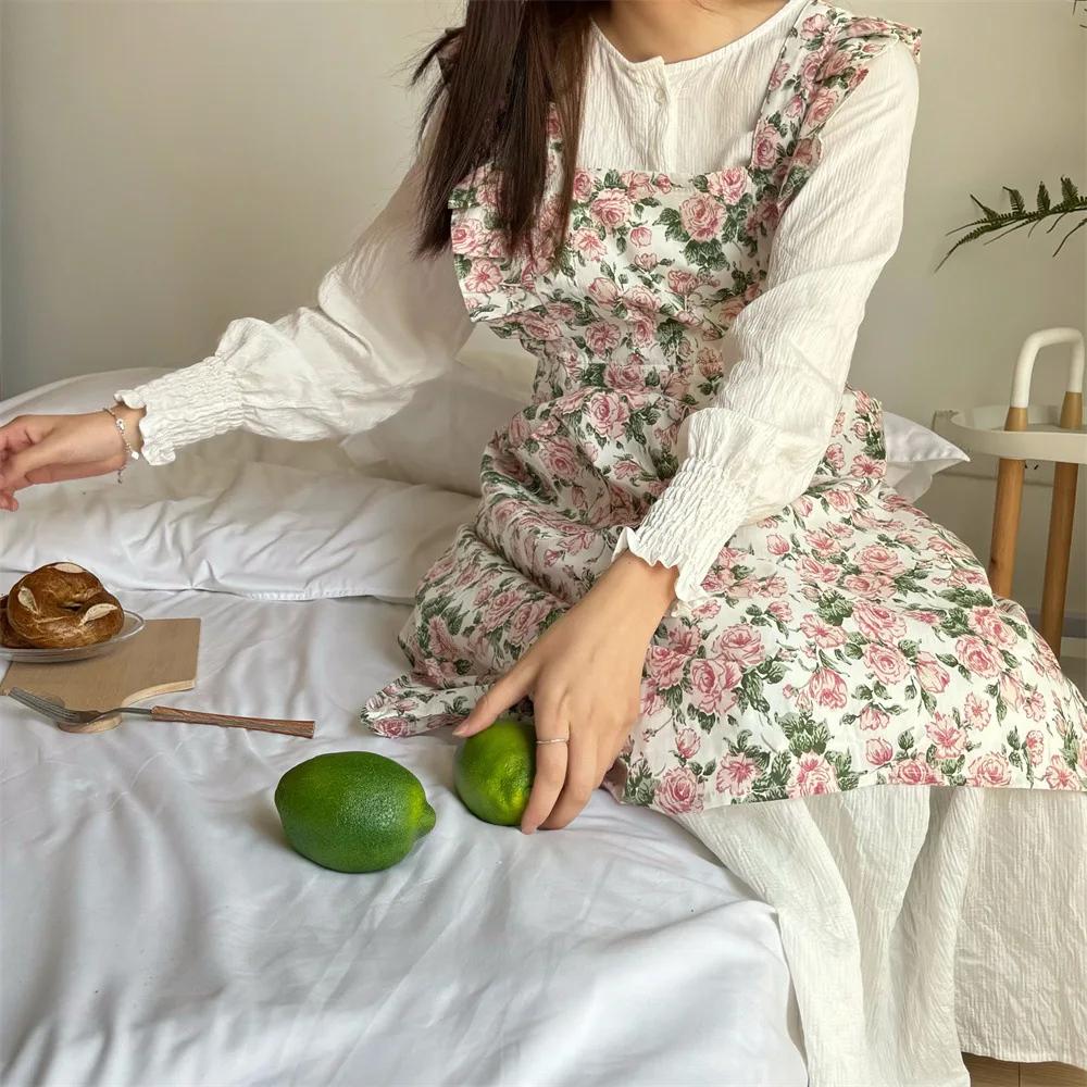 Романтичный фартук с принтом роз, оборкой по краю и завязками, ручной работы, цветочная рабочая одежда, женский фартук для уборки дома