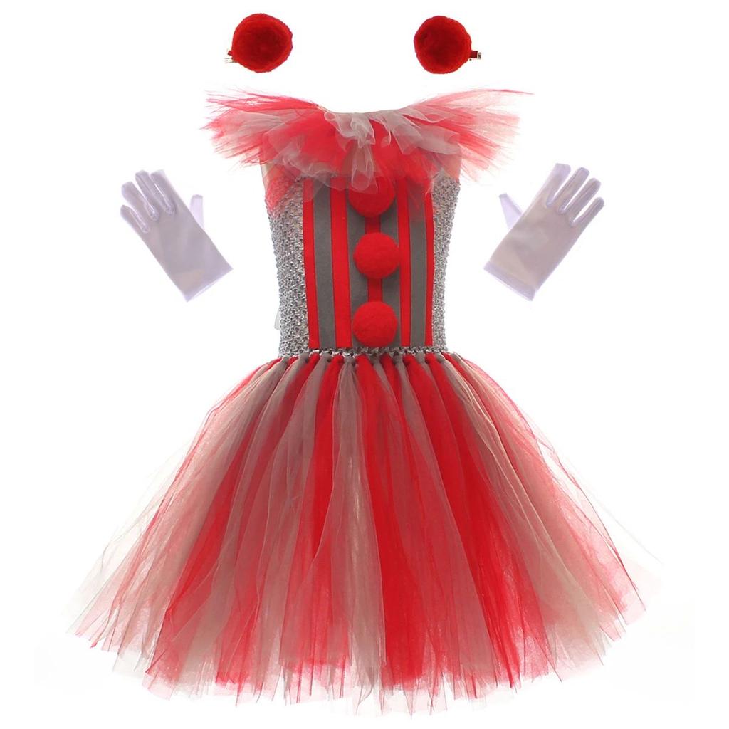 Костюм Клоуна-Убийцы для Девочек на Хэллоуин Платье для Переодевания Черно-Белое Страшный Ужасающий Джокер Пачка Платье Детская Маскарадная Карнавальная Одежда