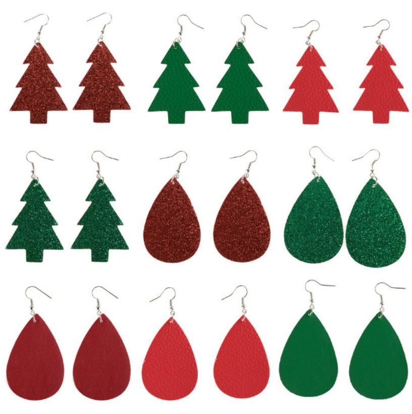 Cross-border Christmas Tree Double-sided PU Leather Teardrop Earrings