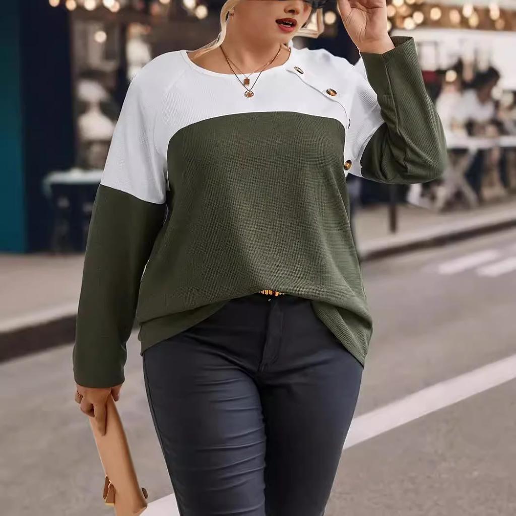Весна Осень Плюс Размер Трикотажный Длинный Рукав Пуловер Цвет Блок Пуговица Деталь Трикотажный Топ