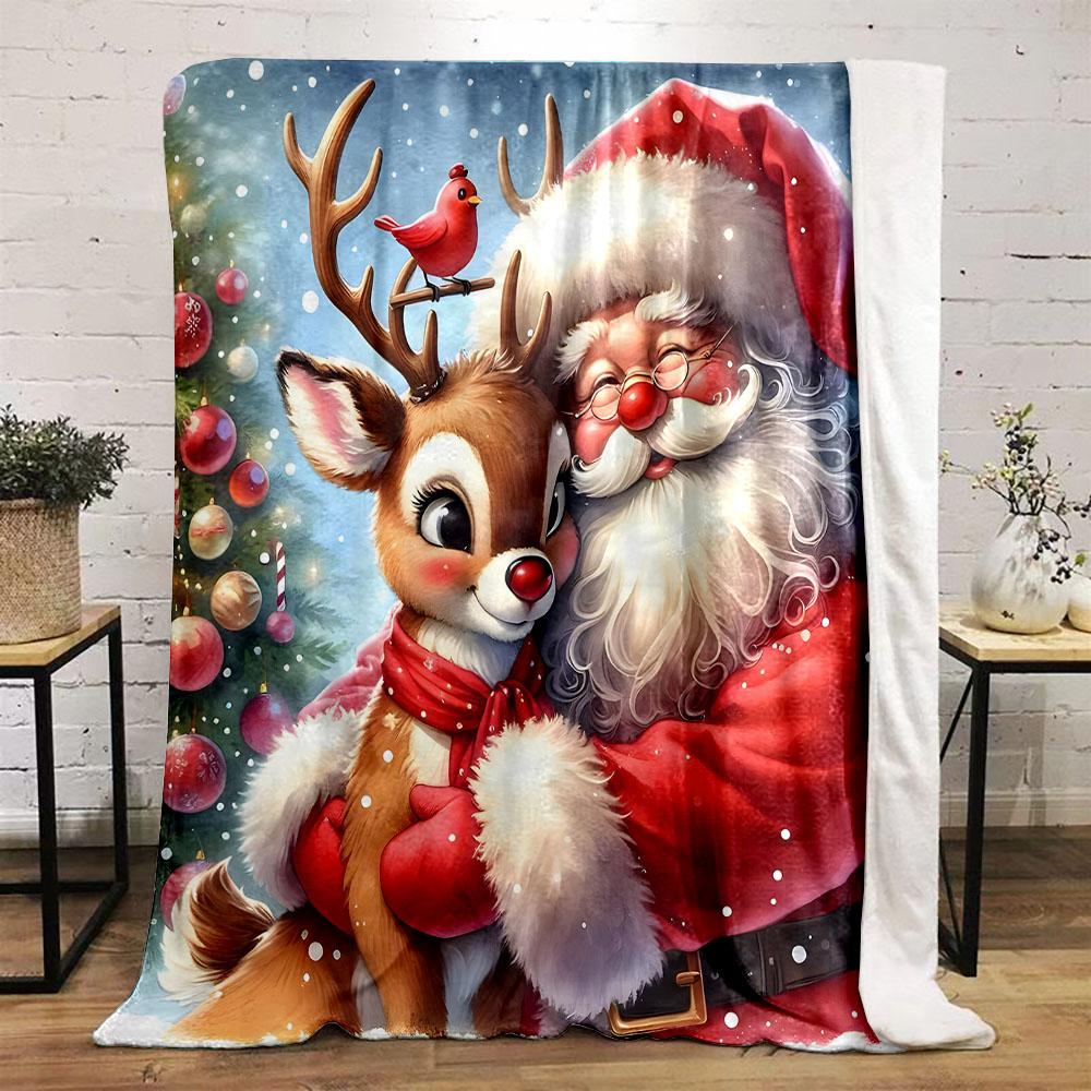 Santa and Reindeer Christmas Scene Patterned flannel blanket perfect for the bedroom living room, sofa, or a little nap
