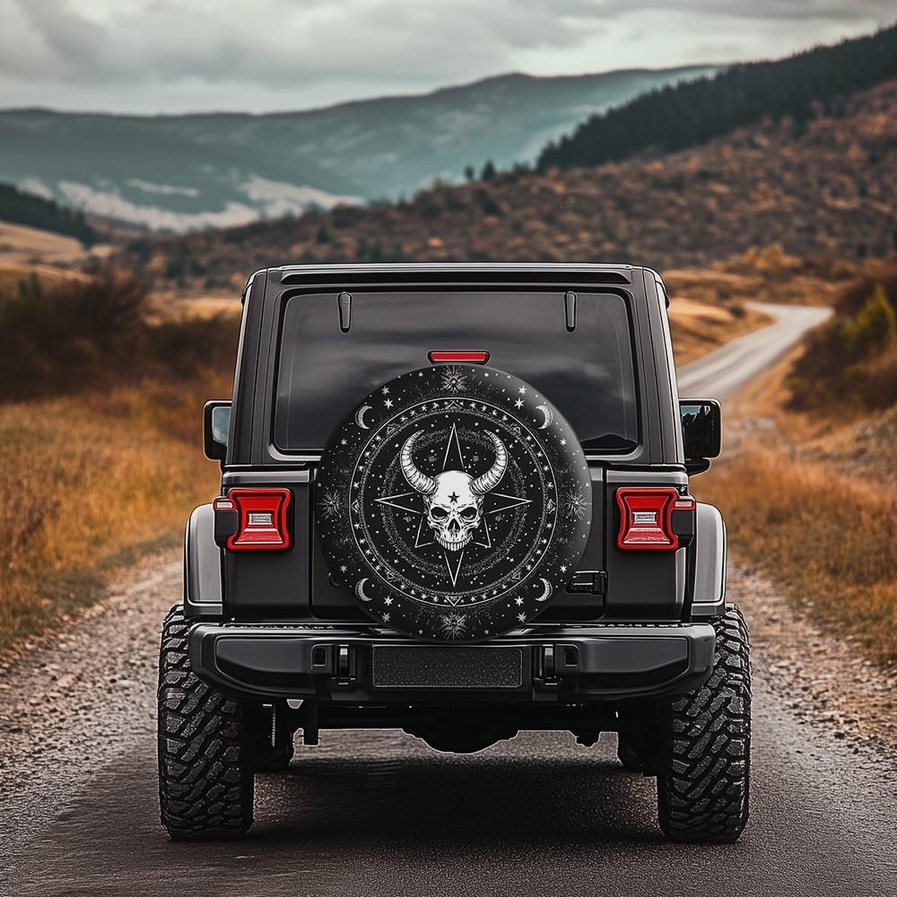 Horned Skull Starlit Sky Spare Tire Cover Waterproof Protector for Jeep SUV Truck