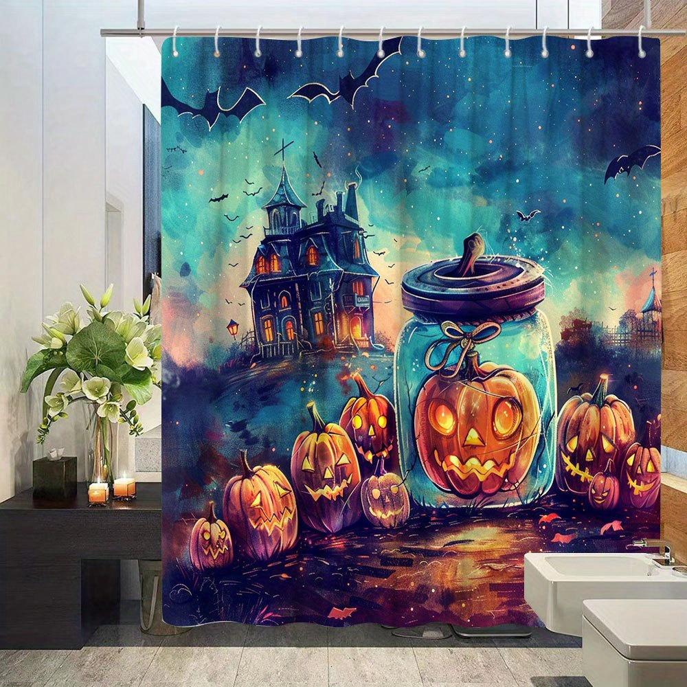 Halloween Shower Curtain, Pumpkin Lantern & Ghost House, Night Scene, Fantasy Theme, Polyester, 12 Hooks