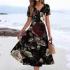 Women's Summer Casual Fashion Print Pocket Short Sleeve V-Neck Swing Dress