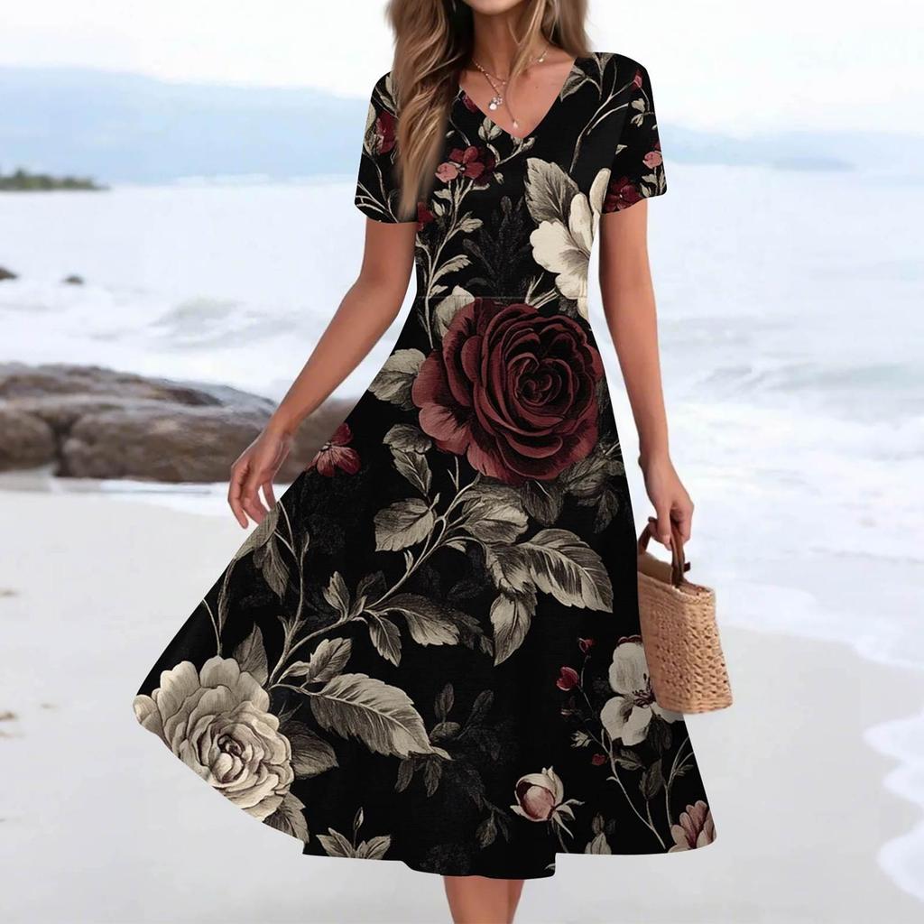 Women's Summer Casual Fashion Print Pocket Short Sleeve V-Neck Swing Dress