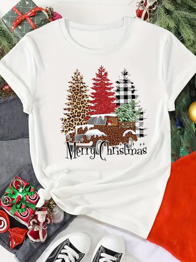 (Asian Size) Print Merry Christmas O-neck Women's Top New Year T Clothing Lovely Cute 90s Short Sleeve T-shirts Fashion Holiday Graphic Tee