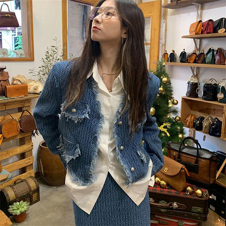 Комплект из двух предметов на пуговицах, твидовый наряд с кисточками, пальто, куртка с длинными рукавами и юбка-миди, костюм, женский модный повседневный осенне-весенне-осенний костюм