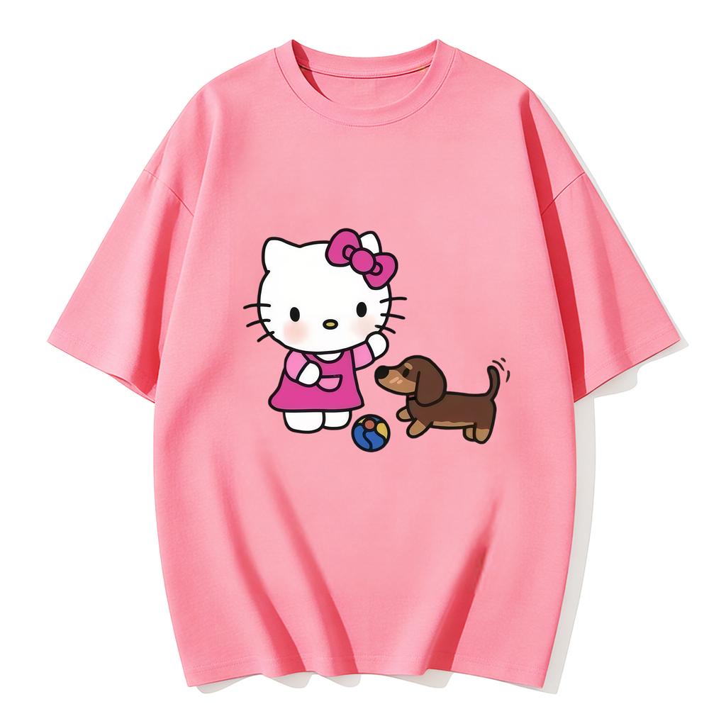 2026 Футболка Hello Kitty из мягкого хлопка с коротким рукавом и круглым вырезом, милый принт, легкий летний топ для женщин, повседневная одежда
