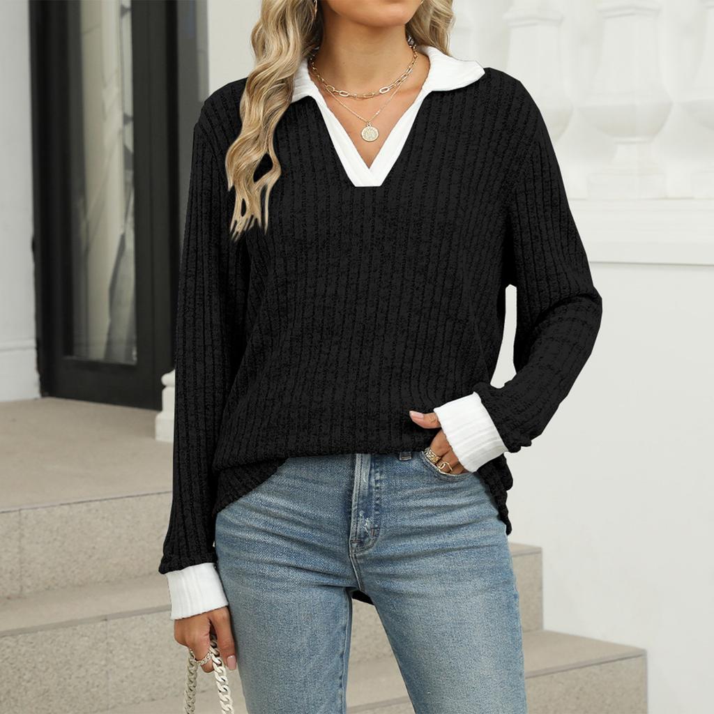 Женский модный пуловер с лацканами, длинными рукавами, цветными блоками, свободного кроя, в стиле кэжуал