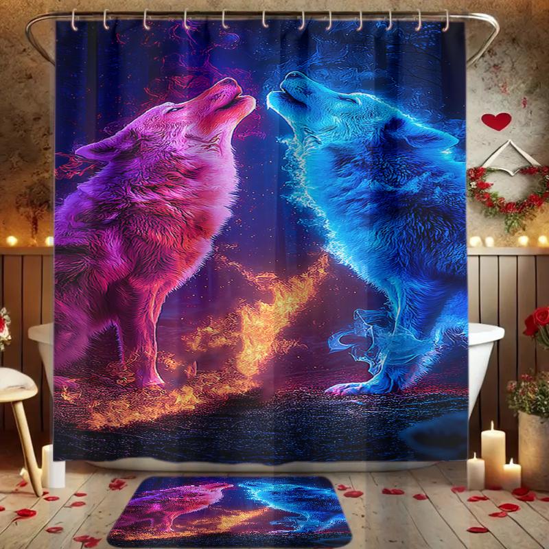 4pcs Twin Wolves Dancing in The Night Sky 2D Flat Printed Shower Curtain Set Decorating Bathroom Set Includes Shower Curtain