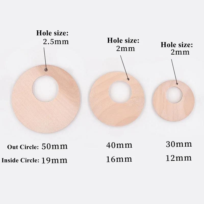 12pcs Flat Hollow Round 30 40 50mm Natural Wood Pendants Eco-friendly Beads for DIY Crafts Woodcraft Jewelry Making Accessories