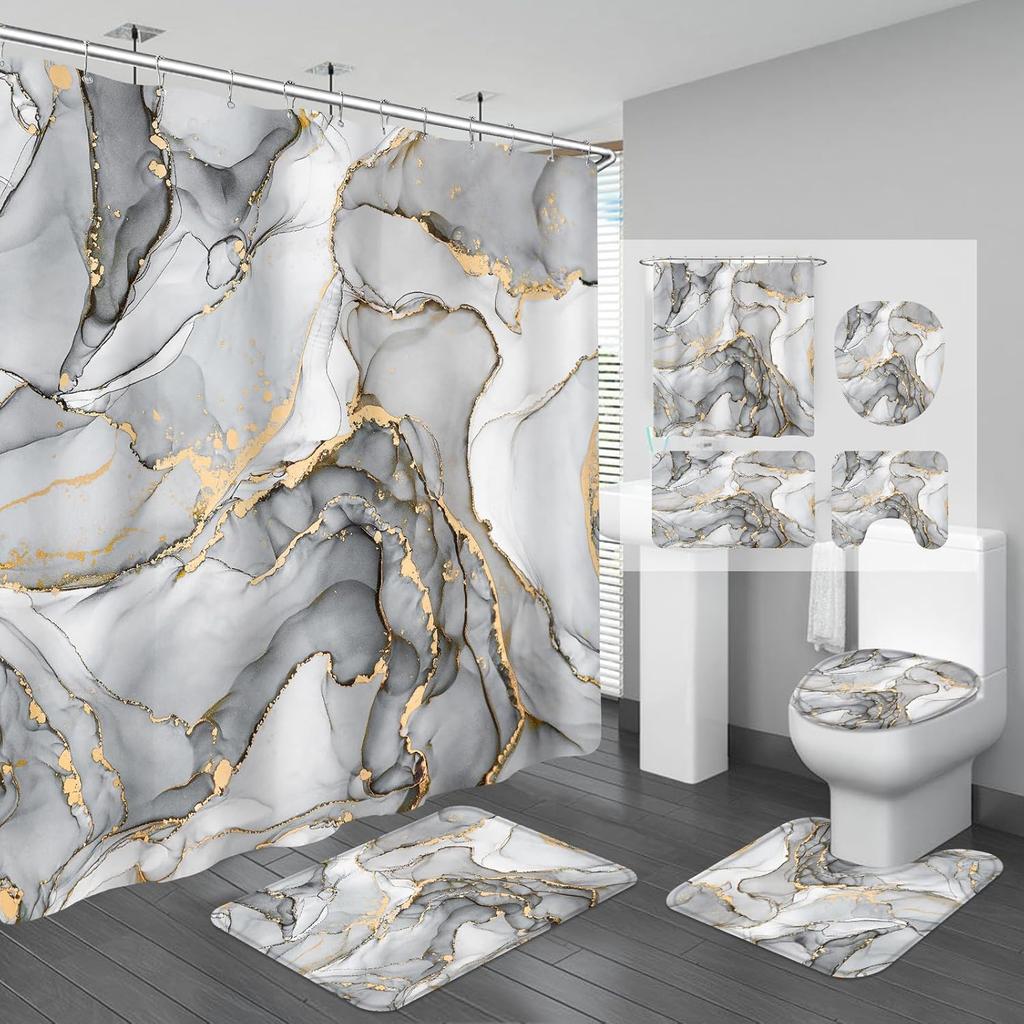 15Stlye 4 шт. Роскошный мраморный набор штор для душа для ванной комнаты Занавеска для ванной комнаты с 12 крючками Нескользящие коврики Крышка для унитаза Коврик Перегородка для ванной комнаты