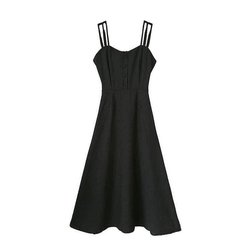 Women's 2025 Summer Little Black Slit Dress - French Retro Bellflower Style, Over-the-Knee and Fitted Waist