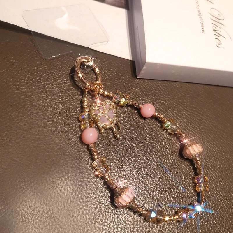 Mobile Phone Lanyard Wrist Ornament Gold Border Heart Pendant Crystal Bead Bracelet Universal Anti Loss Lanyard for Phone Cases