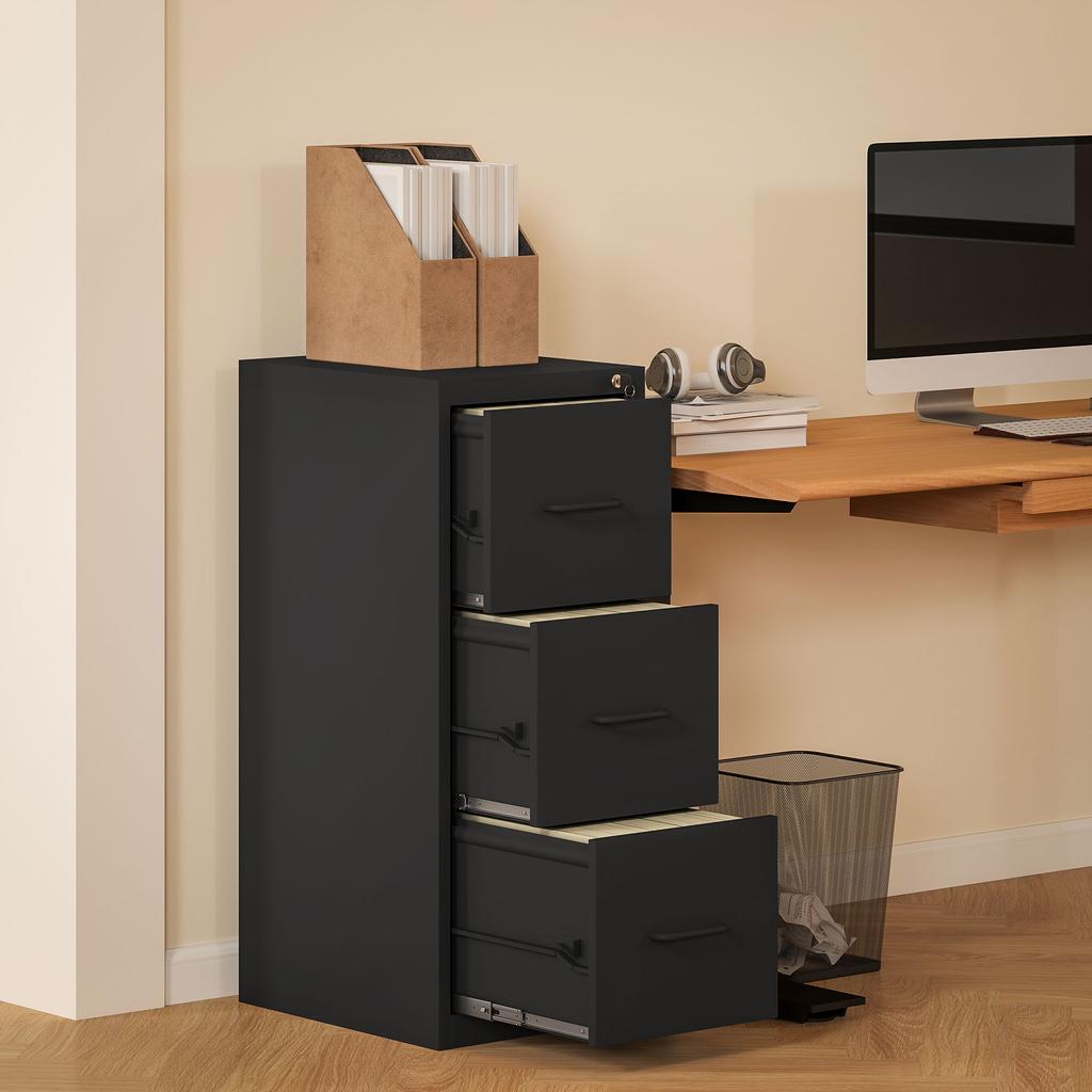 Minimal Document Filing Cabinet with 3 Drawers with Adjustable Bar, in Steel, 36.5x46.2x99 cm, Black