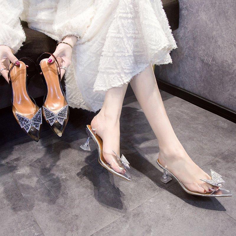 Мода Кристалл Бабочка прозрачные туфли-лодочки женщина сандалии стекло высокие каблуки обувь женщины 2025 острый носок прозрачные каблуки большие размеры 40-43