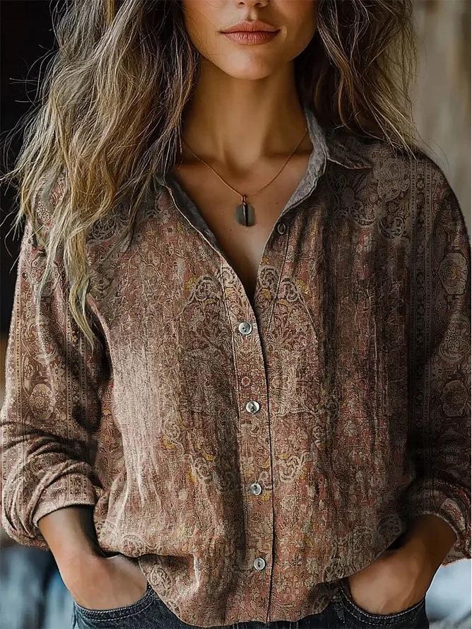 Женская повседневная рубашка с ретро-принтом, длинный рукав, 2025 г. - Весна/Лето, смесовая ткань хлопок/лен