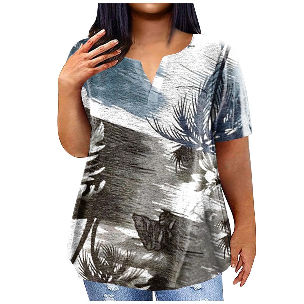 Women's Large T-shirt Summer Casual Print V-neck Short Sleeve Pocket Top