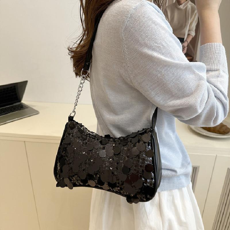 Simple Solid Color Sequin Design Women Shoulder Chain Bag For Casual Urban Outings