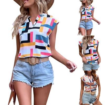 Женская мода летний топ с географическим принтом и вырезом на рукаве с V-образным вырезом
