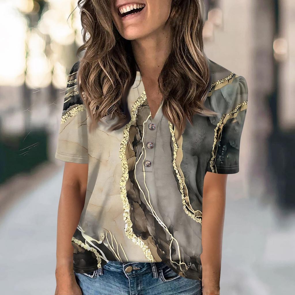 Женская модная повседневная футболка с цветными блоками и принтом в виде V-образного выреза с коротким рукавом и пуговицами