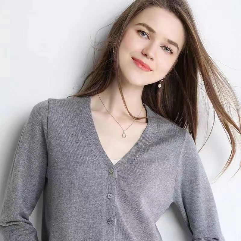 Women's V-Neck Knitted Cardigan Loose Slim Plus Size Sweater All-match Jacket Solid Color Basic Small Cardigans for Spring Autumn