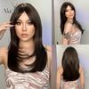Long Brown Layered Straight Synthetic Wigs Natural Dark Brown Daily Wigs with Bangs Heat Resistant Hair Party Wig