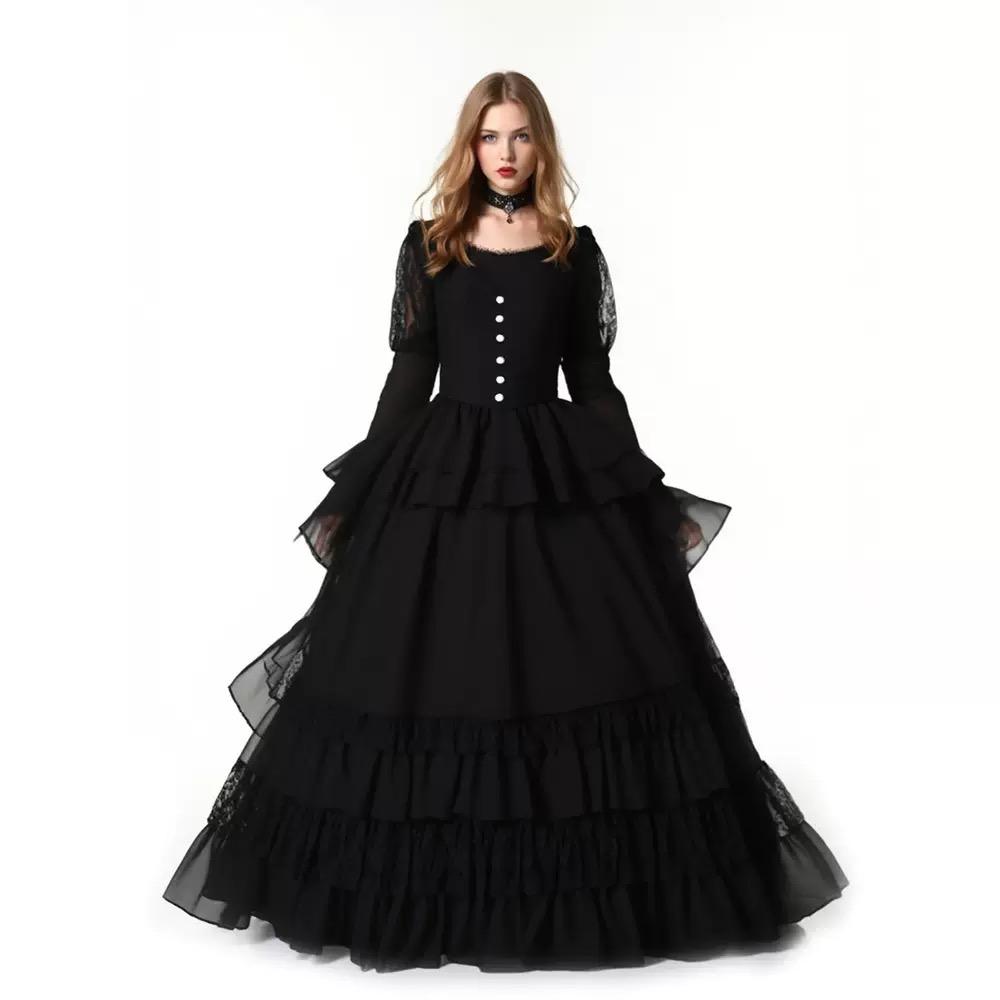 Halloween Retro Gothic Jumpsuit Party Princess Court Plus Size Women's Cosplay Costume Women's Fashion Ball Party Black Long Dress