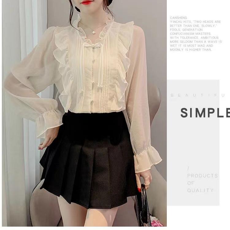 Весенняя мода винтажная китайская пуговица французский стиль шифоновая блузка