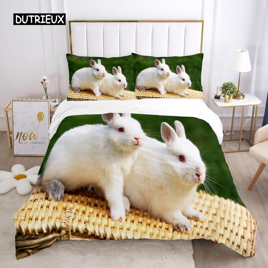 Rabbit Comforter Duvet Cover Set Lovely Little Rabbit Decor Bedding Set for Kid Girl Polyester Animal Theme King Comforter Cover