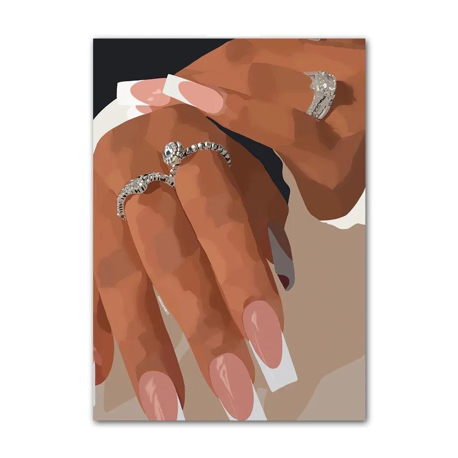 Черное искусство Мода Хип-хоп Девушка Маникюр Ювелирные изделия Губы Постер Африканская Черная Женщина Красивые Ногти Живопись Картинки Гостиная Салон Красоты Декор