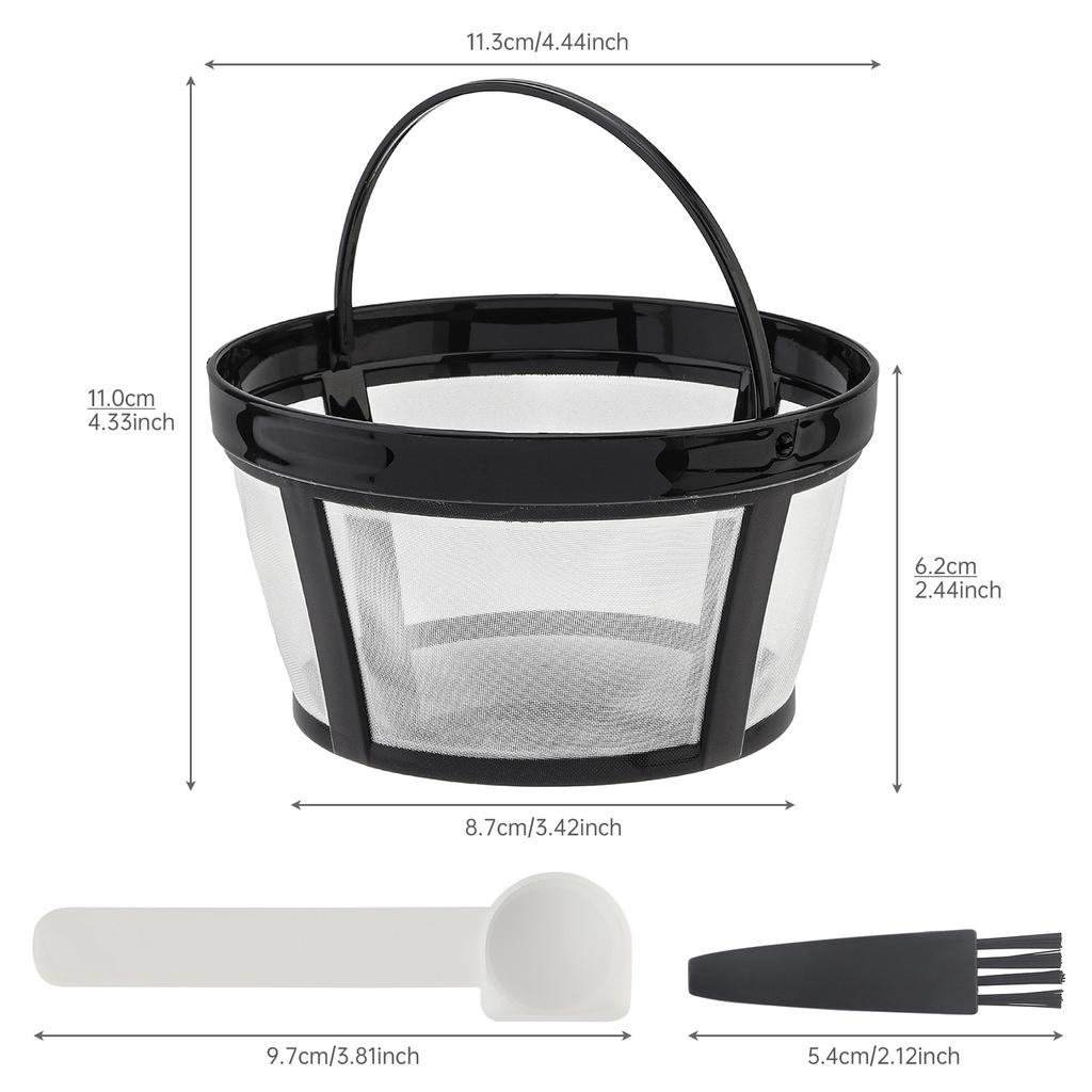2 Pcs Solid Bottom Reusable Nylon Net Basket Coffee Maker Filter for Mr. Coffee with Brush and Scoop, 8-10 Cups Washable Strainer