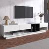 TV Cabinet, Lowboard, Combination in High Gloss White and Black. Color Blocking Design, Drawers, Compartments, Multiple Storage Spaces.