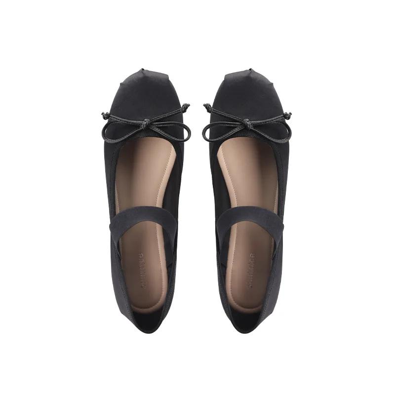 Женская обувь французская осень ретро бант неглубокий носок плоские балетки одинарные нескользящие удобные износостойкие туфли с круглым носком