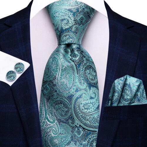 Paisley Mens Blue Tie Set Silk Woven Necktie Handkerchief Cufflinks Wedding Gift
