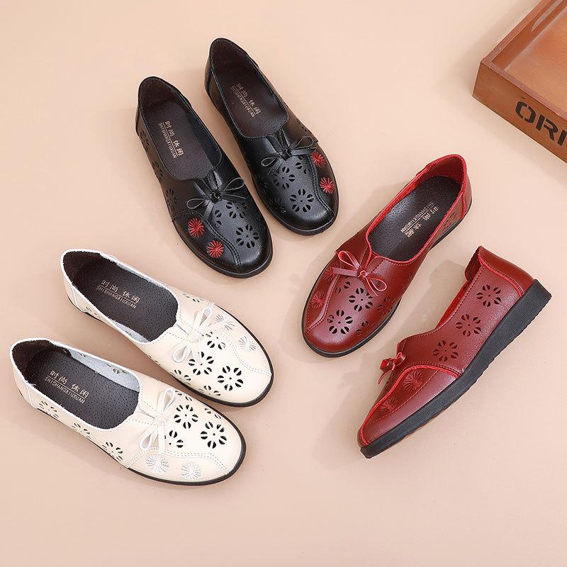 Полые сандалии, женская кожаная обувь, мягкая кожаная обувь с противоскользящей мягкой подошвой для среднего и пожилого возраста