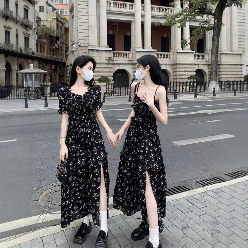 Летнее платье из шифона с цветочным принтом для женщин - дизайн 2025 года с утягивающей талией, разрезом и квадратным вырезом горловины