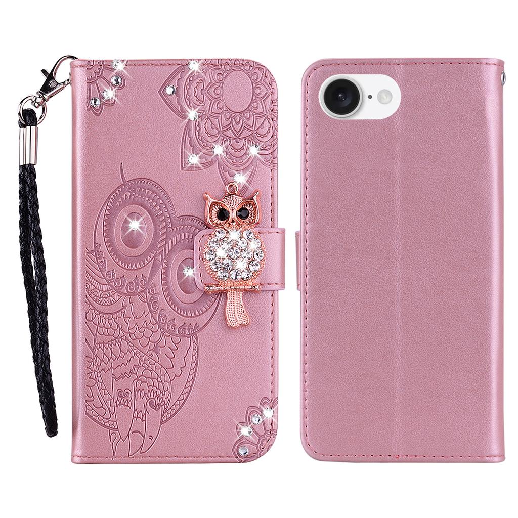 For iPhone 16e Wallet Case Owl Flower Imprinted Rhinestone Leather Cover