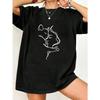 Black Oversized T Shirt With Minimalist Cat And Woman Line Art Print For Casual Wear And Everyday Style