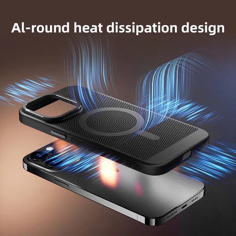 Metal Lens Protection Breathable Mesh Magnetic Magsafe Wireless Charging Hard Phone Case For iPhone 11 12 13 14 15 16 Pro Max Cover