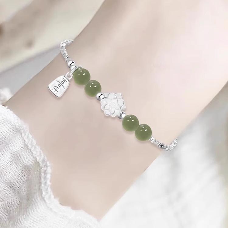 Браслет из стерлингового серебра S925 с лотосом и нефритом Хэтянь - Удача и роскошь, нишевый дизайн 2026