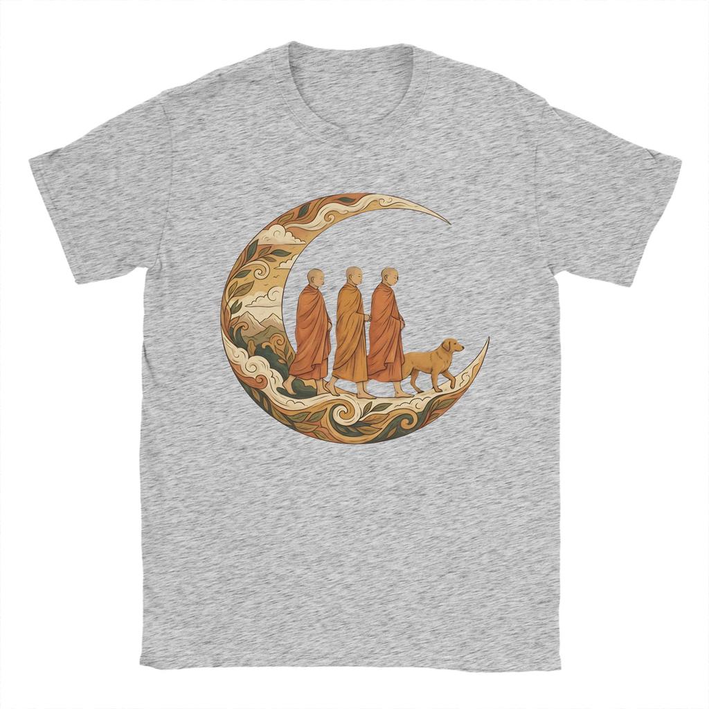 Walking for Peace Monks and Dog in a Crescent Moon Mens T Shirts Crazy Tee Shirt Short Sleeve TShirt Cotton Plus Size Clothes